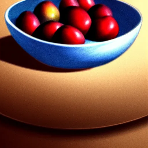 Prompt: concept art drawing of a single thick porcelain bowl filled with a few moist freshly picked plums on a wooden table. volumetric lighting. small scale. artistic. trending on artstation.