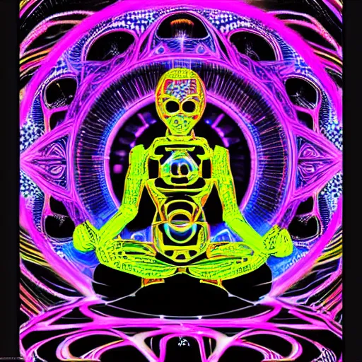 Prompt: photo of a black tshirt with a hyperdetailed portrait of a futuristic psychedelic meditating robot, 8 k, symetrical, flourescent colors, halluzinogenic, multicolored tshirt art,