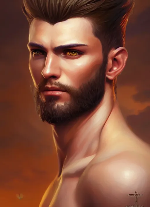 Image similar to a _ fantasy _ style _ portrait _ painting _ of fighter male, medium dark blonde pulled back side part and blonde stubble, rpg dnd oil _ painting _ unreal _ 5 _ daz. _ rpg _ portrait _ extremely _ detailed _ artgerm _ greg _ rutkowski _ greg