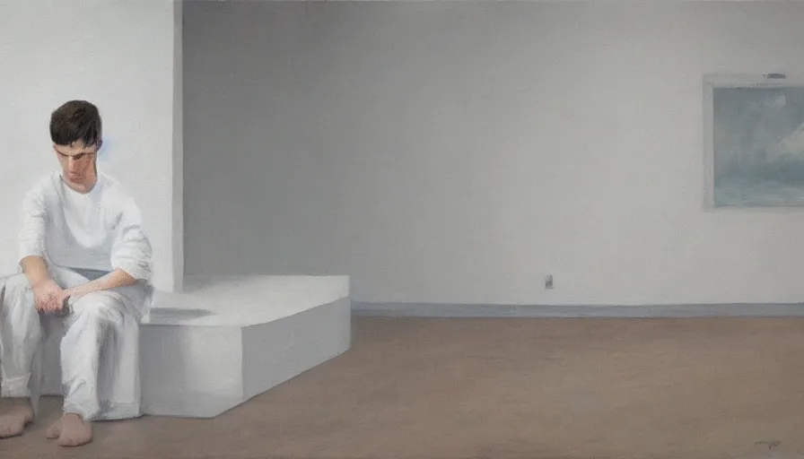 Image similar to a lonely young man in white clothes sits in a clean white empty apartment and stares into the distance, photorealistic painting