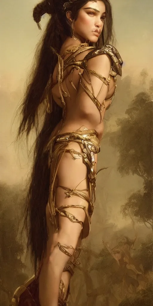 Image similar to the portrait of madison beer as amazon in intricate dress by roberto ferri, fantasy, witcher, very detailed oil painting, masterpiece, 8 k