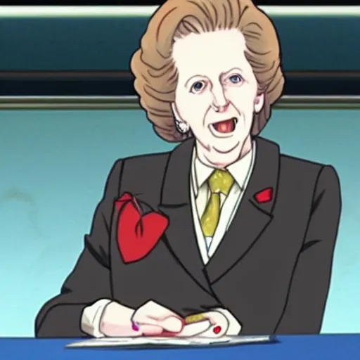 Image similar to A still of Margaret Thatcher as a catgirl in a 2010s anime