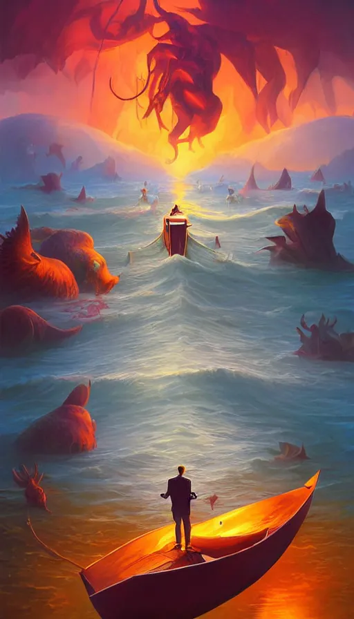 Image similar to man on boat crossing a body of water in hell with creatures in the water, sea of souls, by rhads