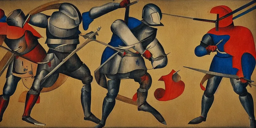 Image similar to italian futurism style painting of medieval knights dueling