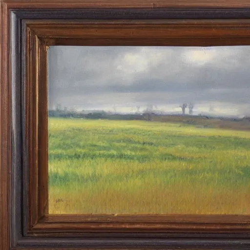 Prompt: a cinematic view looking out a window into an open field, wind blows the leaves, oil painted