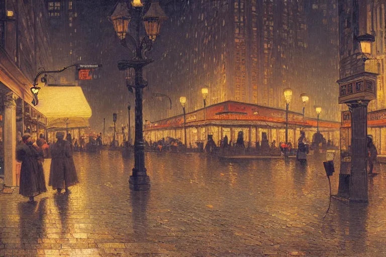 Image similar to painting of the streets of new york at night, streetlights, raining, romantic, by ludwig deutsch and maxfield parrish, patterned tilework, extremely detailed, cinematic lighting, smooth sharp focus