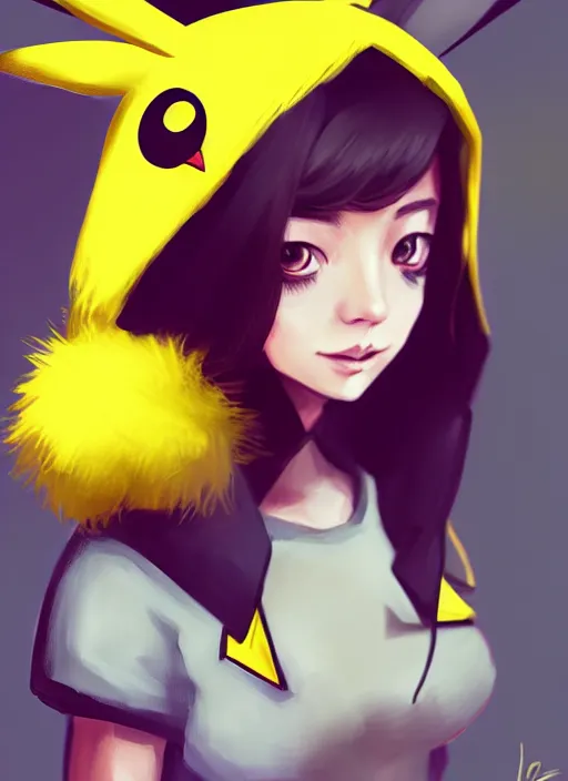 Prompt: a portrait of a girlfriend in pikachu costume, grim - lighting, high - contrast, intricate, elegant, highly detailed, digital painting, artstation, concept art, smooth, sharp focus, illustration