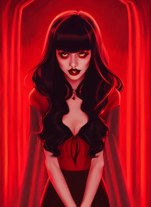 Image similar to portrait of vampire veronica lodge with bangs, vampire fangs, vampire, long hair, red clothes, bangs, vampironica, intricate, elegant, glowing lights, highly detailed, digital painting, artstation, concept art, smooth, sharp focus, illustration, art by wlop, mars ravelo and greg rutkowski