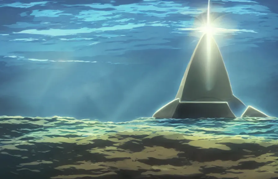 Image similar to a realistic studio ghibli cell - shaded cartoon showing a futuristic submarine swimming in front of a white pyramid underwater at the bottom of the sea. shafts of sunlight come from above. wide shot, very dull muted colors, hd, 4 k, hq