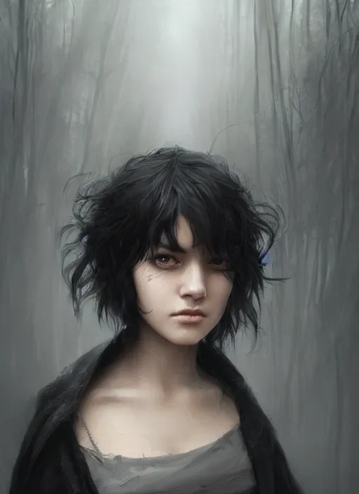 Image similar to a teenage girl with very short black hair and a huge cloak made of grey and black raven feathers standing in the mist. mist swirls around her. beautiful highly detailed face. beautiful painting by artgerm and greg rutkowski and raymond swanland