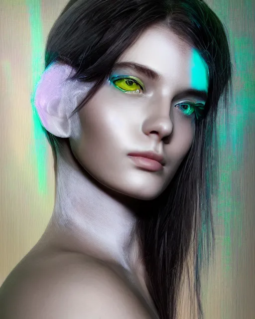 Image similar to soft focus portrait of an android with soft synthetic skin, bioluminescent plastics, smooth shiny metal plates, elaborate head piece, piercings, skin textures, by annie liebovotz,