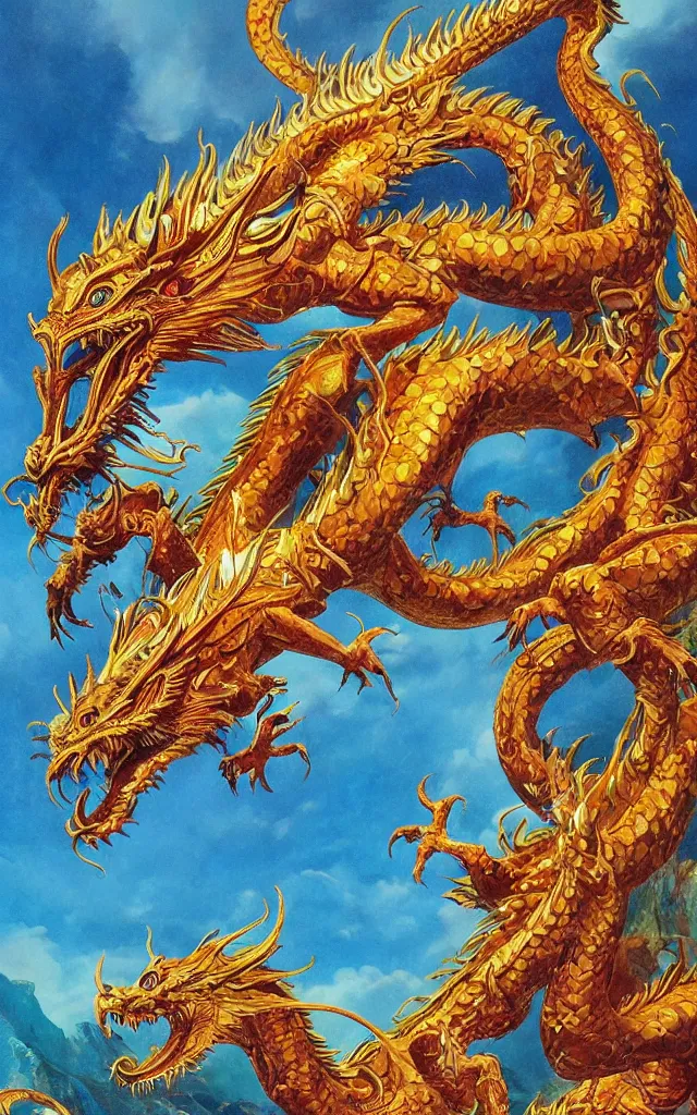 Prompt: a beautiful vibrant detailed concept art illustration, golden dragon, epic, legendary, cinematic composition, stunning atmosphere by james jean by roger dean by lee madgewick