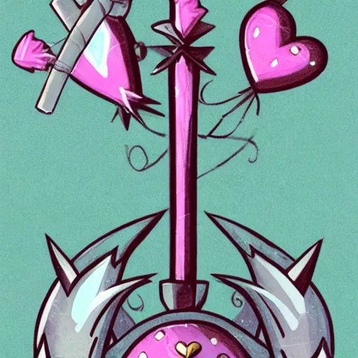 Prompt: illustration of a magical girl anime inspired spiky flail weapon with a heart on the handle