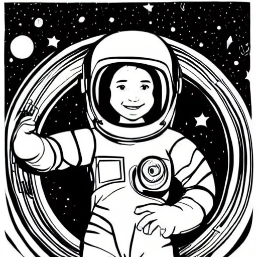 Prompt: clean simple line art of a little girl with short wavy curly hair floating in space. she is an astronaut, wearing a space suit. white background. well composed, clean black and white line drawing, beautiful detailed face. illustration by charlie adlard and steve ditko