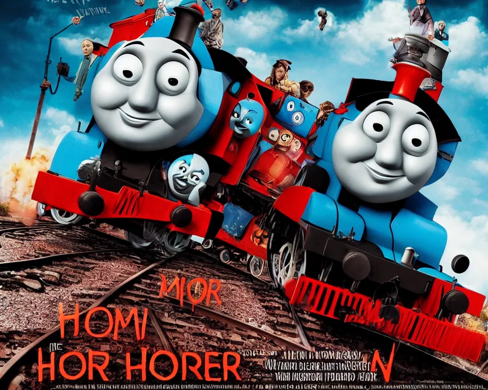 Image similar to a horror movie poster featuring Thomas The Tank Engine