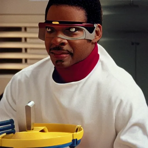 Image similar to Geordi LaForge wearing visor and a colander and random kitchen tools on his head