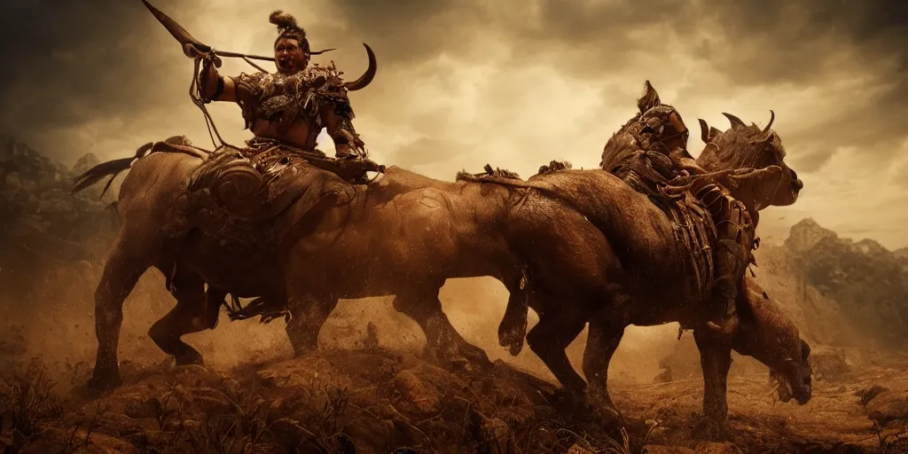 Prompt: an ancient tribesman riding ancient motorcycle, hunting bisons , symmetrical face, muscular body, attacking, chase, action scene, an epic fantasy, dramatic lighting, cinematic, establishing shot, extremely high detail, photorealistic, cinematic lighting, artstation, octane render, western,old photo, vintage