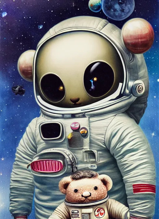 Image similar to highly detailed wide - angle portrait of a retro teddy in a spacesuit in a spaceship, nicoletta ceccoli, mark ryden, lostfish, earl nore, hyung tae, frank frazetta, global illumination, detailed and intricate environment