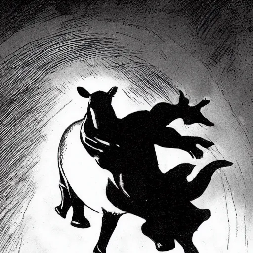 Prompt: A devious tapir. Dark Fantasy, Film Noir, Black and White. High Contrast, Mike Mignola, D&D, OSR