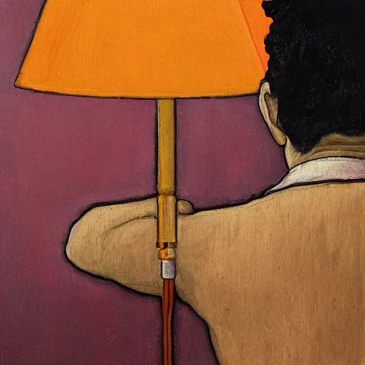 Image similar to a wide angle fine art painting of man with black hair using a weed grinder, rolling papers and a table lamp, high contrast, inspired by the styles of wes anderson, and egon schiele and ( edward hopper ), toned orange and pastel pink