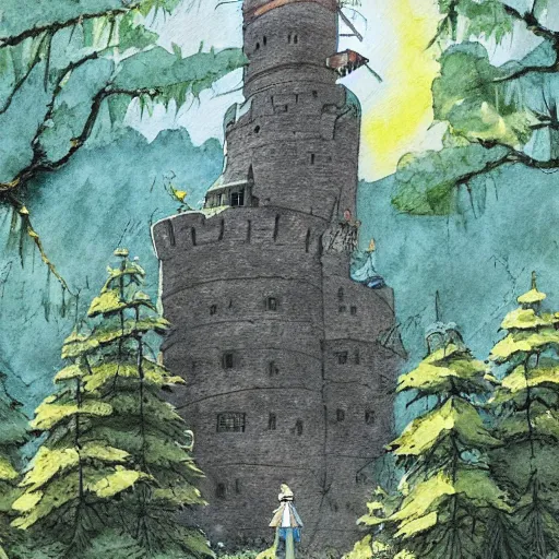 Image similar to laputa castle in the sky robot hayao miyazaki stands in a small clearing among trees, watercolor illustration for a book