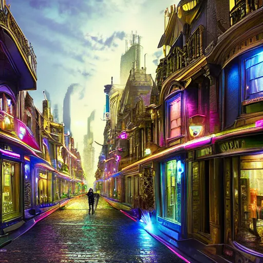 Image similar to a futuristic victorian city street, national geographic cover, award winning, 4 k, smooth, bright, light, colorful, victorian, futuristic, cyber - w 7 6 8