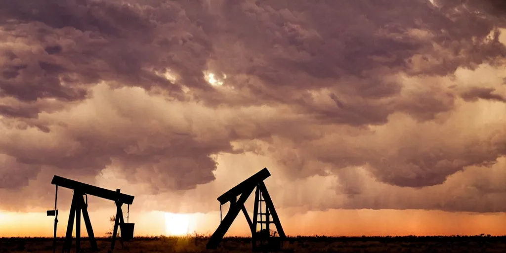 Image similar to photo of a stormy west texas sunset, perfect rustic ( ( pumpjack ) ), film photography, lightning, golden hour, high quality, beautiful!!!