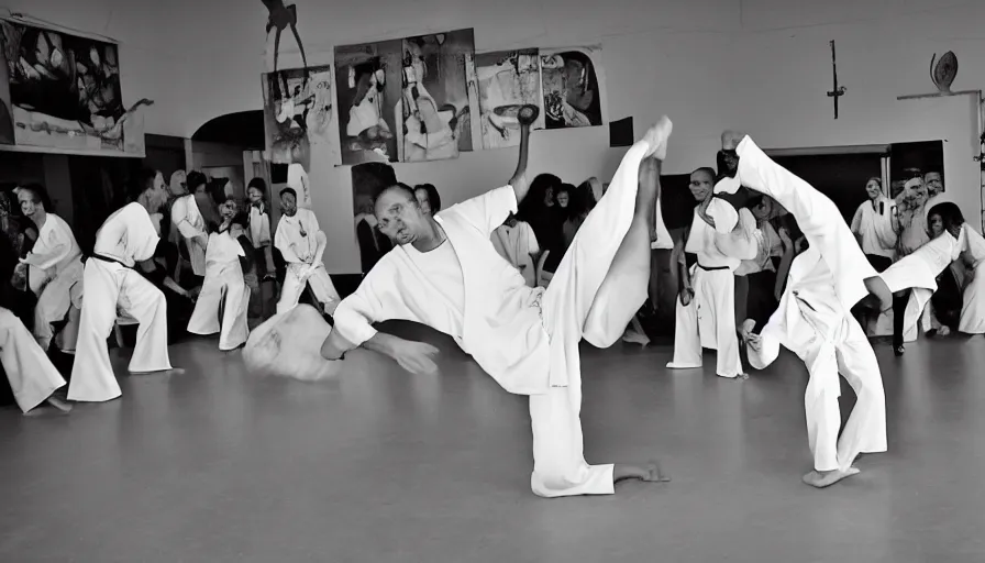 Image similar to capoeira roda in theatre museum dali, national geographic photography,