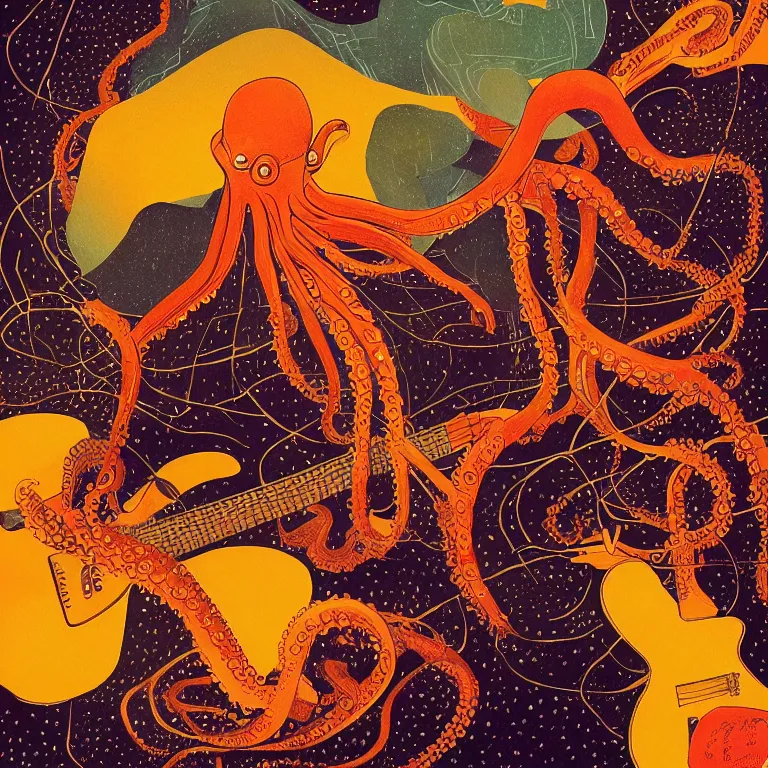 Image similar to a beautiful painting by victo ngai of an octopus playing drums and telecaster guitar in an electronic concert, dark background, concert light, dark mood, warm lights