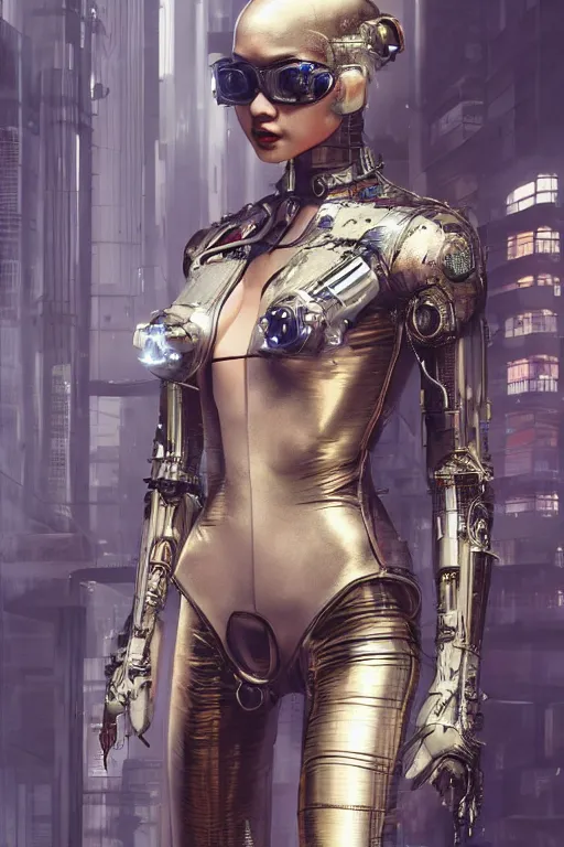 Prompt: Photorealistic illustration, crazy clothe fashion showfull body chinese cyborg , with fashion clothe, six digital eyes by sorayama , cyberpunk 2077, sci-fi, futuristic, intricate, elegant, highly detailed, digital painting, artstation, concept art, smooth, sharp focus, art by artgerm, greg rutkowski and alphonse mucha