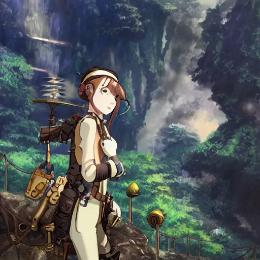 Prompt: girl with steampunk weapons and a steampunk prosthetic left arm, studio ghibli, anime, extremely detailed, landscape background, waterfall, trees, clouds, sky, cinematic lighting,