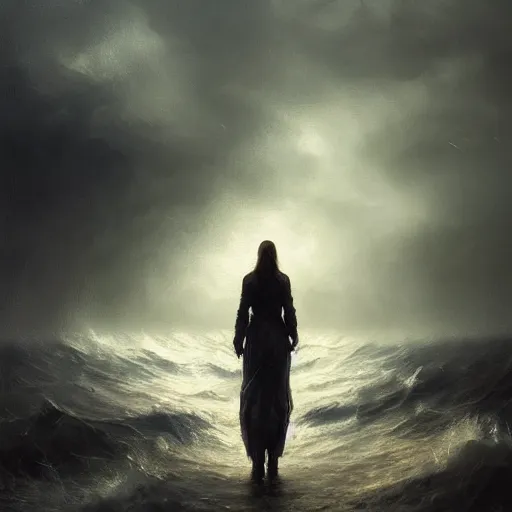 Image similar to concept art, facing the back of a womand standing alone in the middle of a sea storm, thunderstom, rain, medieval, dark concept art, dark skies painting by wlop, nixeu and greg rutkowski, beautiful, semirealism, artstation, octane render, oil painting, sharpness, 8 k, golden ratio