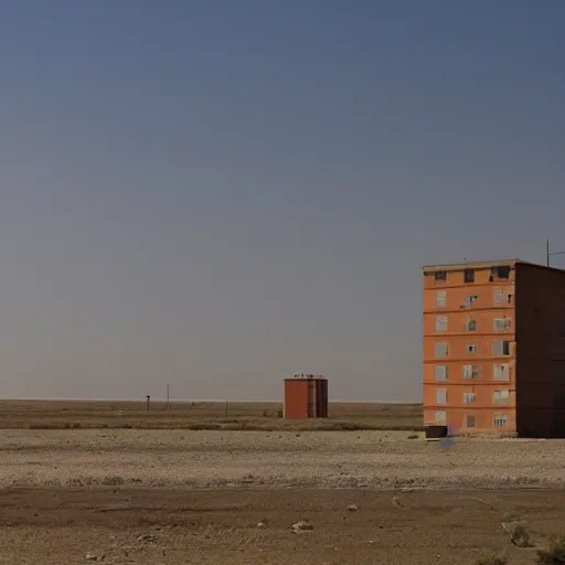 Image similar to A soviet-era residential block standing in the middle of an empty desert, sunny weather