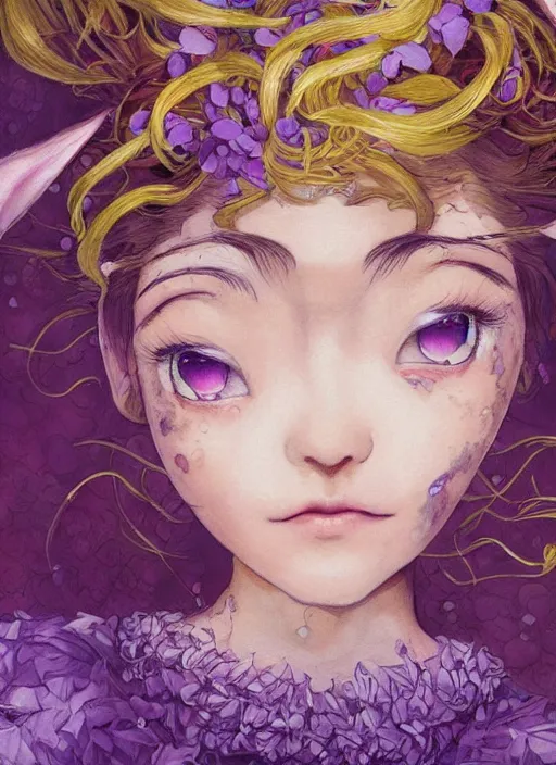 Image similar to little elf girl, santa claus suit, soft hair. light color palate, purple, yellow and white. detailed soft painting, ayami kojima, made in abyss, anatomically correct, inspired in balthus, high detailed face anime, vogue magazine, glorious composition, mobile wallpaper