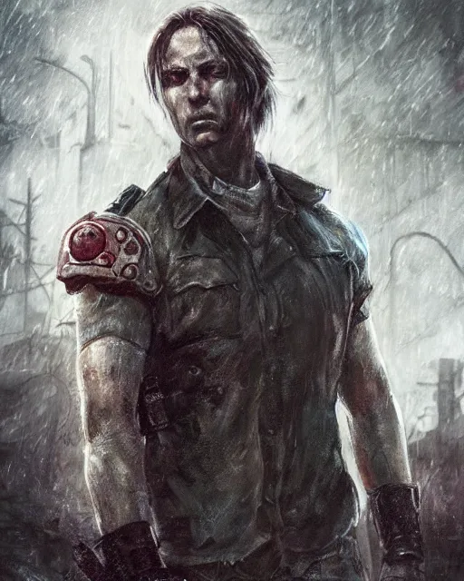 Image similar to battle hardened, charismatic, rugged leon kennedy, face centered portrait, confident, ruined cityscape, zombies, fog, rain, volumetric lighting, soft light particles floating near her, illustration, perfectly shaded, soft painting, art by leesha hannigan, ross tran, thierry doizon, kai carpenter, ignacio fernandez rios