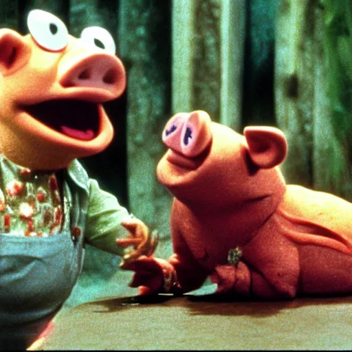 Prompt: movie still of miss piggy in the jurassic park 1 9 9 3 movie