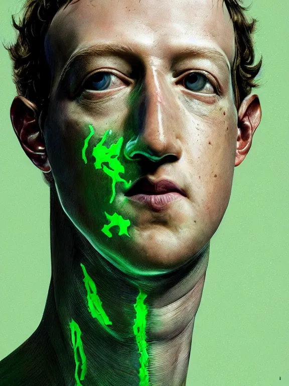 Image similar to portrait of a mark zuckerberg, skin peeling away to reveal bright green! reptile! skin!, art by ryo shiotani and greg rutkowski, intricate, beautiful, cinematic lighting, vintage art by serge ivanoff, high resolution, very detailed