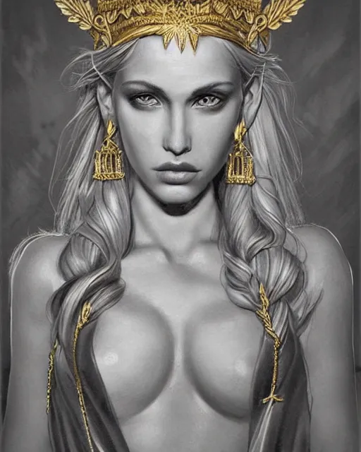 Image similar to tattoo design sketch of cute beautiful blonde super model as aphrodite greek goddess wearing a gold laurel wreath and triangle earrings, beautiful piercing gaze with sharp pupils, in the style of greg rutkowski, fantasy, amazing detail, epic, elegant, smooth, sharp focus, front view