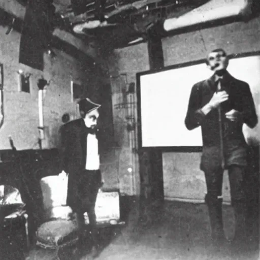 Prompt: Hugo Ball Performing a DADA sound poem at the Cabaret Voltaire in Zurich, 1915