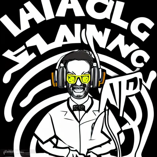 Image similar to svg vector sticker of absolutely insane-mad-scientist-villain, rocking out, wearing headphones, huge speakers, dancing, rave, DJ, spinning records, digital art, amazing composition, rule-of-thirds, award-winning, trending on artstation, featured on deviantart