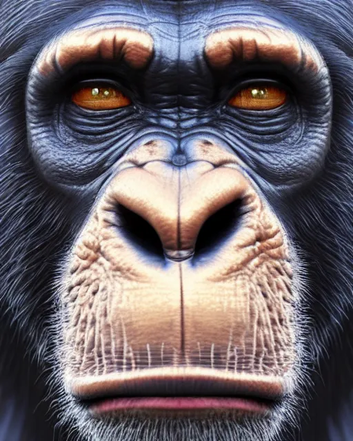 Image similar to gold, blue, very detailed high resolution portrait of a chimpanzee, 3 d, 8 k, extremely detailed, artstation