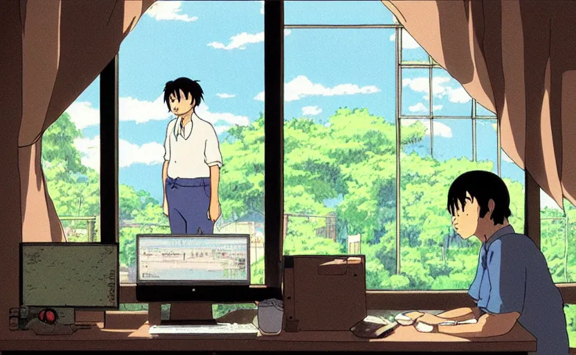 Prompt: angry man working from home at a computer, looking out the window, studio ghibli