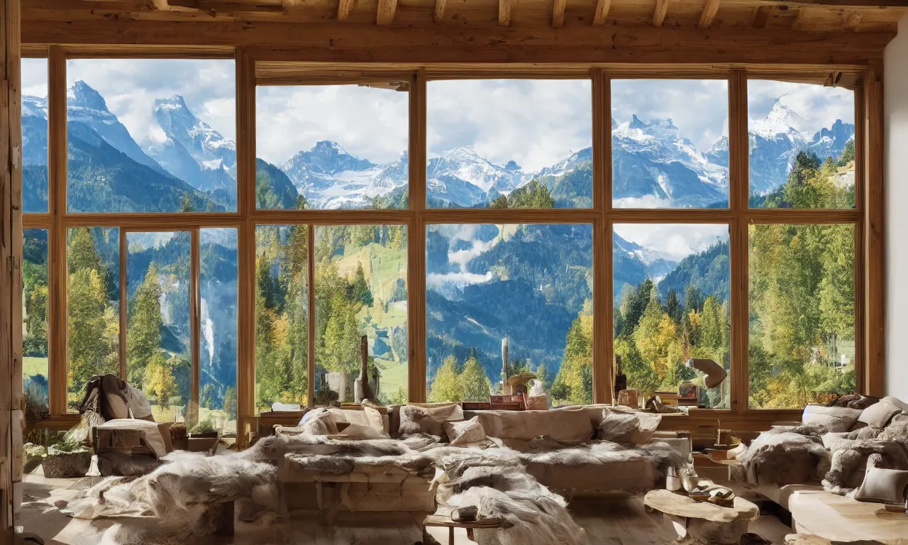 Image similar to fantastical living room with switzerland landscape in the window