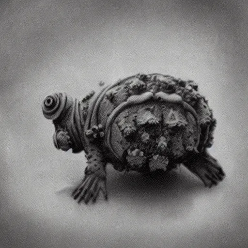 Prompt: tardigrade!!! daguerreotype portrait photograph. inspired by gerard grom and studio ghibli!!! and ansel adams and zdzislaw beksinski. highly detailed. old timey.