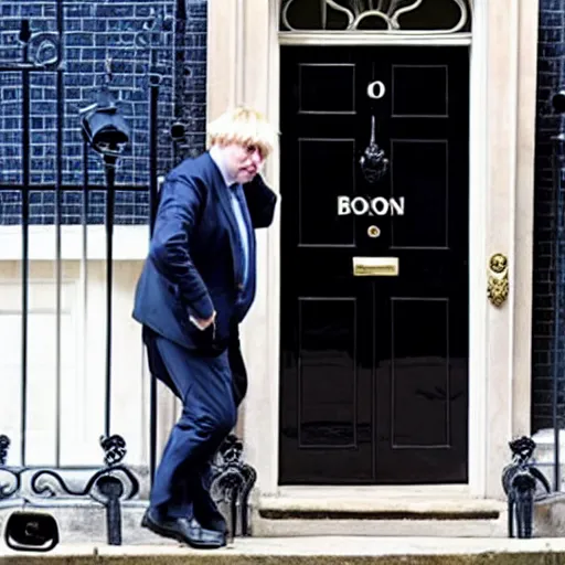 Prompt: boris johnson with a wig sneaking out of 1 0 downing street, hyperrealistic,