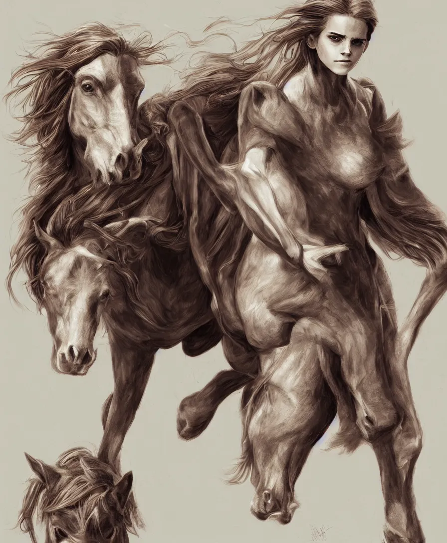 Prompt: Emma Watson transforming into a mare, Hermione as a horse, Animorphs cover, intricate, elegant, highly detailed, digital painting, artstation, concept art, smooth, sharp focus, illustration