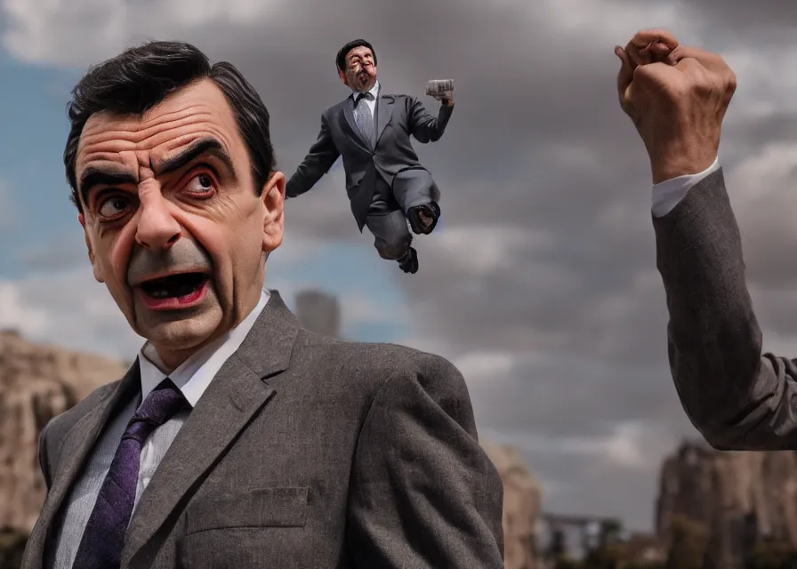 Image similar to mr bean as thanos, 4 0 mm f / 2. 8, cinematic, anamorphic, dramatic