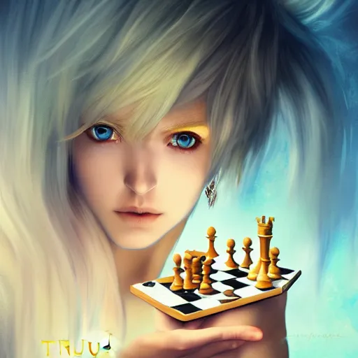 Image similar to rimuru tempest playing chess, with amber eyes of golden colored eyes, straight hair, sky blue hair, long bangs, high collar, concept art, award winning photography, digital painting, splash art, elegant, intricate, cinematic, wlop, 8 k, by ross tran, tom bagshaw, andy warhol