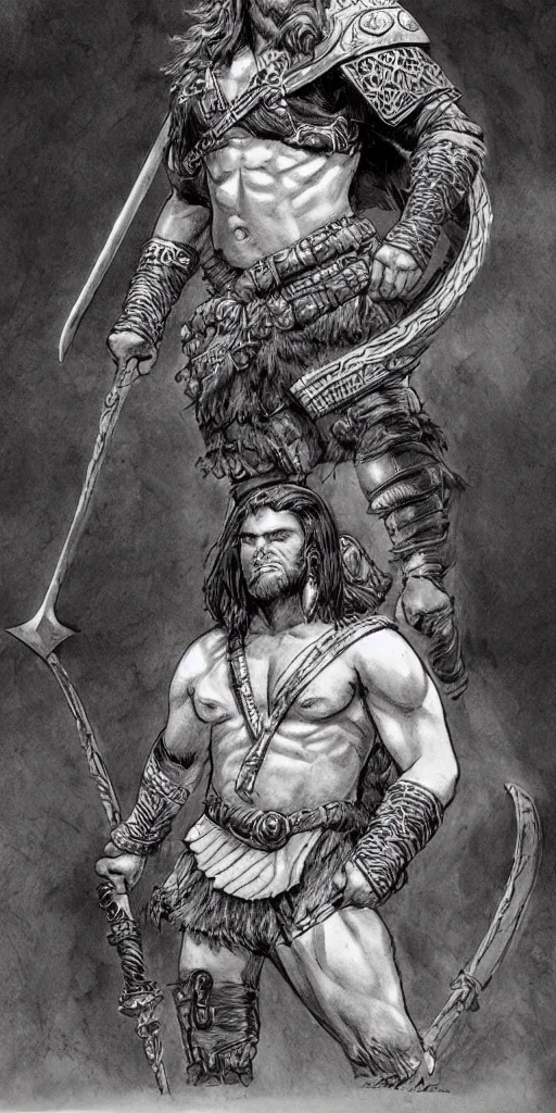 Prompt: a large young barbarian male warrior, d & d, fantasy, portrait, in travis charest style