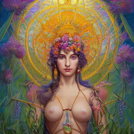 Image similar to a portrait oil painting of a singular beautiful female godess of spring with colorful flowers, holy geometry, tarot card style, by Mohrbacher and Moebius, cinematic lighting, masterpiece, golden ratio background, highly detailed, 8k resolution, trending on art station